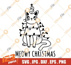 Meowy Christmas, Christmas Cat Svg, Meowy Christmas Svg, Cat Ornament Svg, Christmas Cat Png, Christmas Lights Svg,