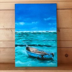 Seascape Boat Acrylic Painting Original Ocean Art