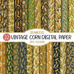 Seamless Watercolor Vintage Corn Digital Paper | Wall Art, Vegetable, Fall, Food, Crop, Decor, Design, Sublimation