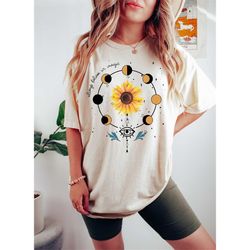 Always Believe In Magic Shirt,Retro Comfort Celestial Sunflower And Moon Tees,Sunflower Tshirt,Moon Phases Tee,Boho Grap