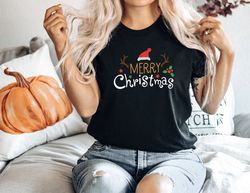 Merry Christmas Santa Hat Reindeer Shirt Cute Christmas T-shirt Christmas Tshirt Women's Christmas Shirt Holiday Christ