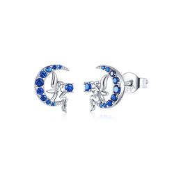 Moon fairy earrings, Sterling silver stud with blue stones, Gift for woman