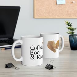 Coffee, books and rain coffee mug, ceramic tea cuppa with cute love design, gift