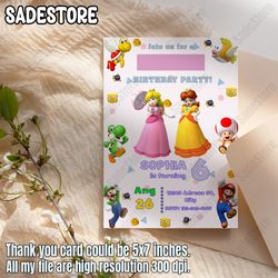 Editable Super Mario Princess Peach Birthday Invitation, Template Party card