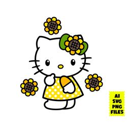 Sunflower Hello Kitty Svg, Sunflower Svg, Hello Kitty Svg, Kawaii Kitty Svg, Cartoon Svg, Ai Digital File