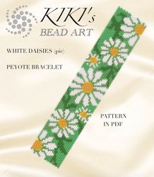 White margarets flower garden, white daisies peyote bracelet cuff pattern, peyote bracelet pattern PDF instant download