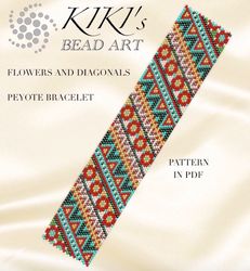 Flowers and diagonals peyote bracelet pattern, peyote pattern design in PDF - instant download
