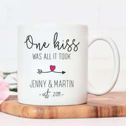 One kiss personalised couples mug, anniversary gi