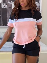 Short Sleeve T-Shirt & Drawstring Shorts Women's Color Block Two-Piece Outfit