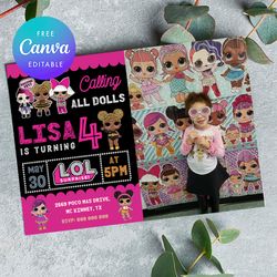 lol surprise birthday girl nvitation with photo canva editable instant download