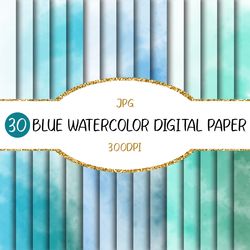 Blue Watercolor Digital Paper | Background, Planner, Texture, Decorative, Scrapbook, Mint, Cyan, Sky Blue, Indigo