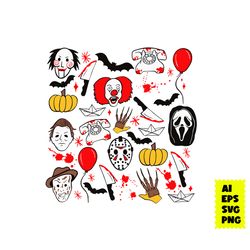Halloween Horror Character Doodle Collage Svg, Pumpkin Svg, Horror Movie Character Svg, Halloween Svg, Ai File
