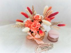 Cream arrangement with dried lagurus and cotton, Romantic bouquet with roses, cotton and lagurus, Faux flowers gift