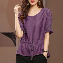 Summer cool thin ice silk short-sleeved tie chiffon T-shirt women's new hollow lace loose slimming top