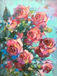 Flower Oil Painting Original 12X16 garden landscape Roses Art