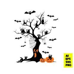 Black Cat Halloween Tree Svg, Black Cat Svg, Cat Svg, Pumpkin Svg, Halloween Svg, Ai Digital File