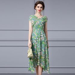Summer new large size high-end irregular thin long floral dress