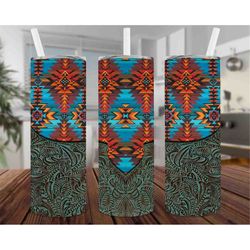 Tumbler Tooled Leather And Aztec Png, 20oz Skinny Tumbler Sublimation Designs Western PNG File, Tumbler Tooled Leather D