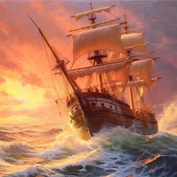 Embracing the Storm: Dawn's Fury Illuminates Resilient Voyage - An Oil Painting