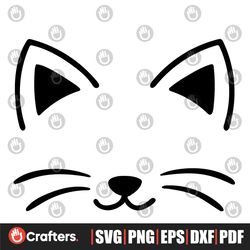 Cat Face Svg, Cat Ears and Nose Svg, Kitten Cut Files, Whiskers Svg, Birthday Svg, Dxf, Eps, Png, Kids Clipart, Funny S
