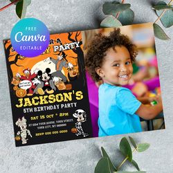 mickey mouse halloween birthday invitation with photo canva editable instant download
