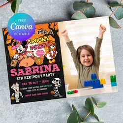 mickey minnie mouse and daisy duck halloween birthday invitation with photo canva editable instant download