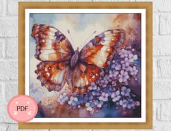 Cross Stitch Pattern, Butterfly With Purple Flowers,Watercolor,Pdf,Instant Download,Floral X Stitch Chart,Full Coverage