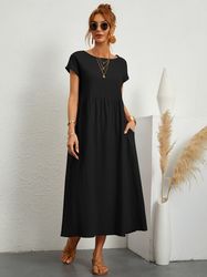 Women's Clothing Loose Pocket Solid Dress Casual Short Summer Dress
