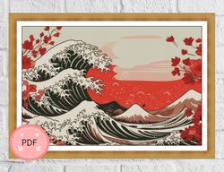 Cross Stitch Pattern,The Great Wave off Kanagawa Red, Hokusai Katsushika , Pdf Format,Instant Download , Japanese Art