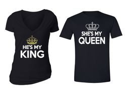 Free Shipping He's My King She's My Queen Silver Gold Crown Matching Couples Family Husband Wife Men Women Crewneck V-Ne