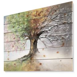 Tree with Four Seasons - Tree Painting Print on Natural Pine Wood