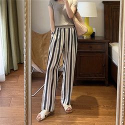 Refreshing and comfortable striped ramie straight wide leg pants women