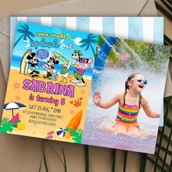 mickey mouse pool party birthday invitation with photo canva editable instant download