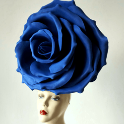 Blue over size rose Wedding bridal headband Kentucky Derby Fascinator gold leaves Singer Burlesque Couture Hat
