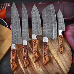 Hand Forged Damascus Chef's Knife Set of 5 BBQ Knife Kitchen Knife Gift for Her Valentines Gift Camping Knife