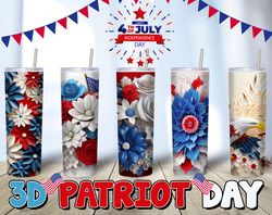 3D Tumbler Wrap Blue White Red Floral, Sublimation, Patriotic Day 300dpi Straight Skinny 20 oz Tumbler Wrap, America Eag
