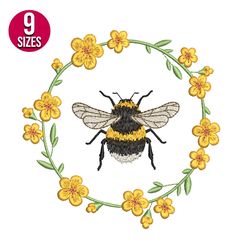 Floral Bee Wreath embroidery design, Machine embroidery pattern, Instant Download