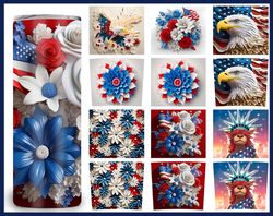 3D Tumbler Wrap Sublimation American Flag Florals 20 oz Skinny Tumbler Wrap, Digital File, 3D Flower Tumbler PNG, Instan