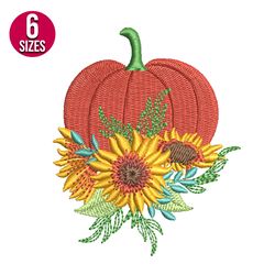 Pumpkin with Sunflowers embroidery design, Machine embroidery pattern, Instant Download