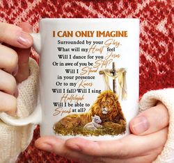 Lion Coffee Mug, Wooden cross, Lamb drawing, I can only imagine - Jesus White Mug, Christian Coffee Mugs, Pastor Gifts