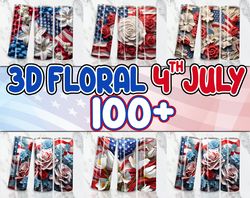 Floral 4th Of July Tumbler Wrap PNG Bundle, 3D Red White Blue Floral Tumbler Png, Patriotic Floral Tumbler Design Png, I