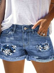 Women's Denim Jeans Blue Rolled Hem Denim Shorts Slim Fit Ripped Floral Print Slash Pockets Short Denim Pants