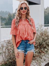 Women's Clothing Casual Lace Flare Sleeve Blouse Short Sleeve Crew Neck Solid Blouse