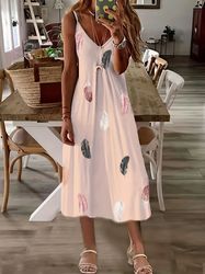Women's Clothing Sleeveless Slim Fit Feather Print Low Cut V-Neck Sling Dresses