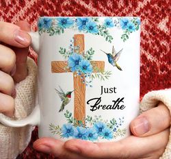 Blue flower garden, Wooden cross, Hummingbird painting, Just breathe - Jesus White, Christian Coffee Mugs, Pastor Gifts