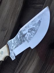 Hand-Engraved Stainless Steel Hunting Knife With Sheath Stag Horn Handle, Best Knife For Men, Fixed blade knives