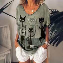women's t shirt anime cat graphic girl clothes summer v-neck short sleeve tees female streetwear oversized blouse