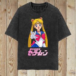 Sailor Moon Vintage Washed T-shirt, Anime Manga Graphic Tee Gift For Women, Retro 90's Unisex Shirt Gift