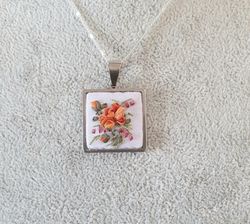 Ribbon embroidered  pendant for her,  4th wedding anniversary gift, custom embroidery bouquet
