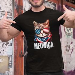 Ameowica American T-Shirt, Cat Wearing US Flag Glasses Scarf Print Shirt,For 4th Of July Independence Day, Cat Lovers